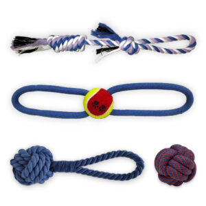 Tug & Fetch Rope, Rubber Ball, and Chew Ball Natural Cotton Toys l Set of 4